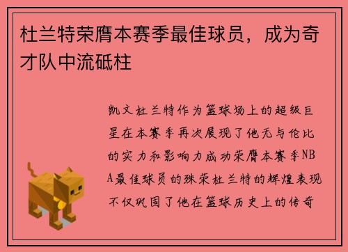杜兰特荣膺本赛季最佳球员，成为奇才队中流砥柱